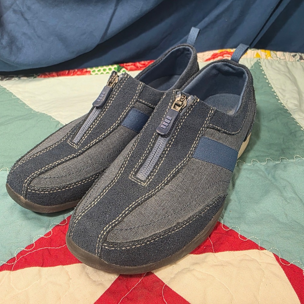 Lands' End All Weather Zip Sneakers Womens 8.5 B Navy Blue Suede Textile Slip On
